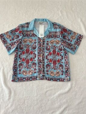 Beatriz Camacho Patrimo Light Blue Floral Button-Up Camp Shirt